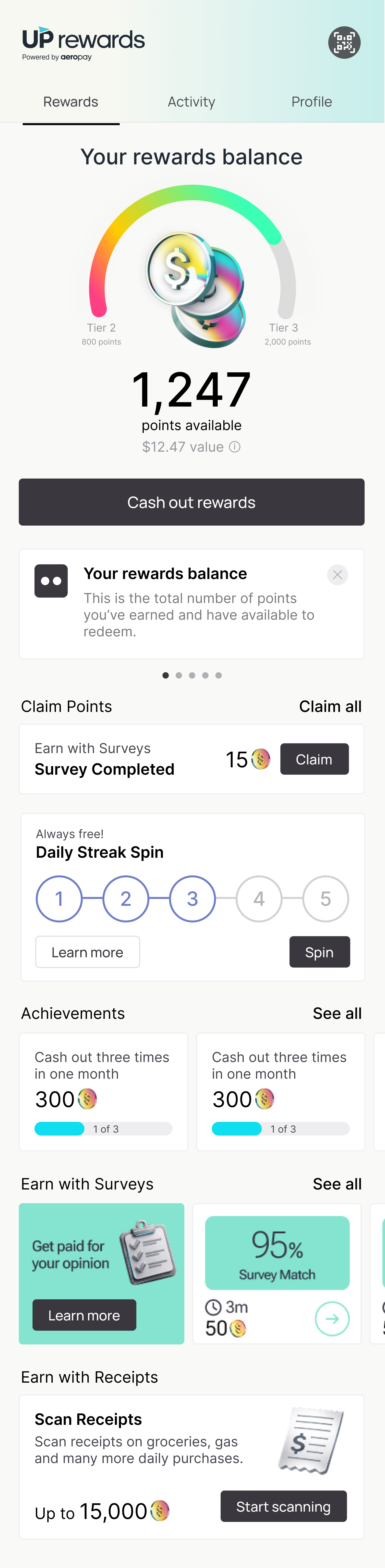AeroUP rewards screen