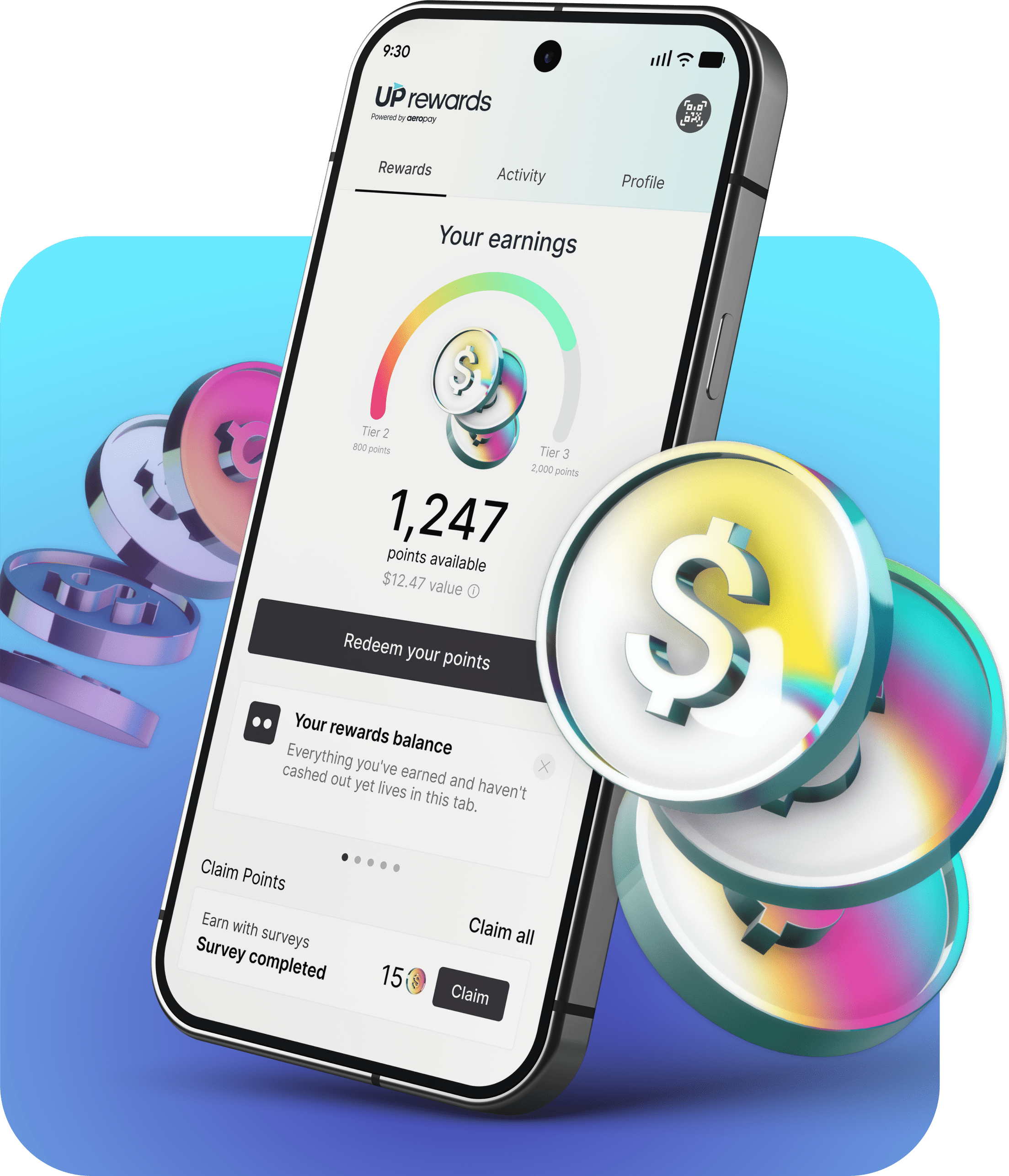 The AeroUP app showing points earned, with reward coins
