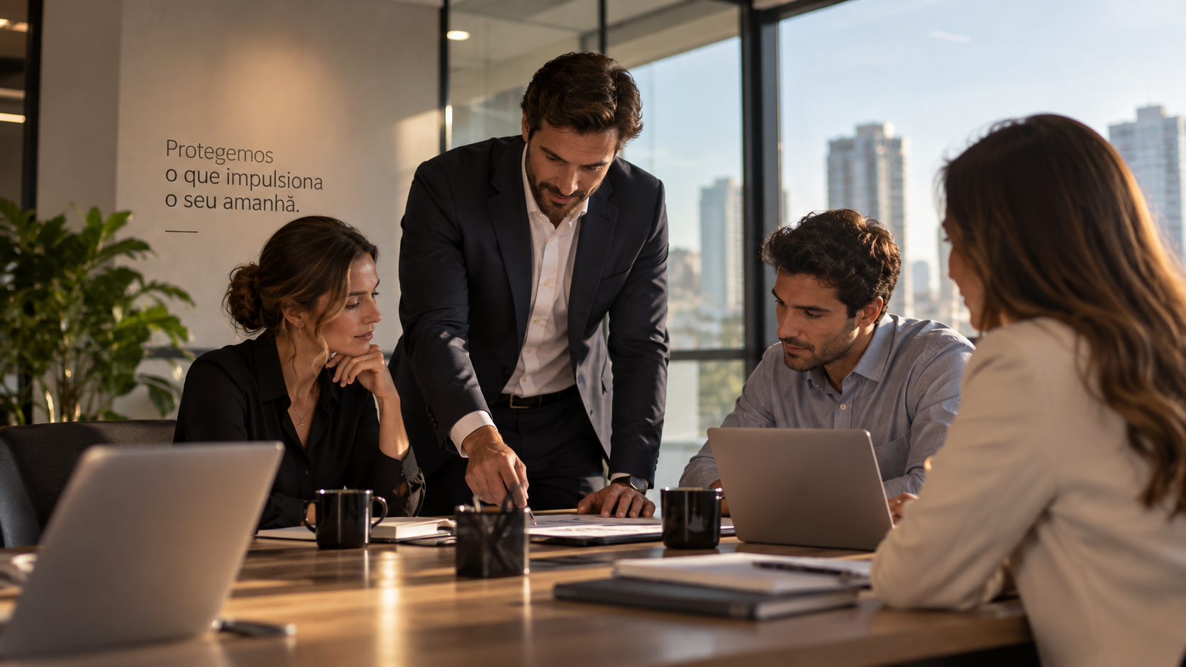 Equipe em reunião em escritório contemporâneo, representando seguro empresarial