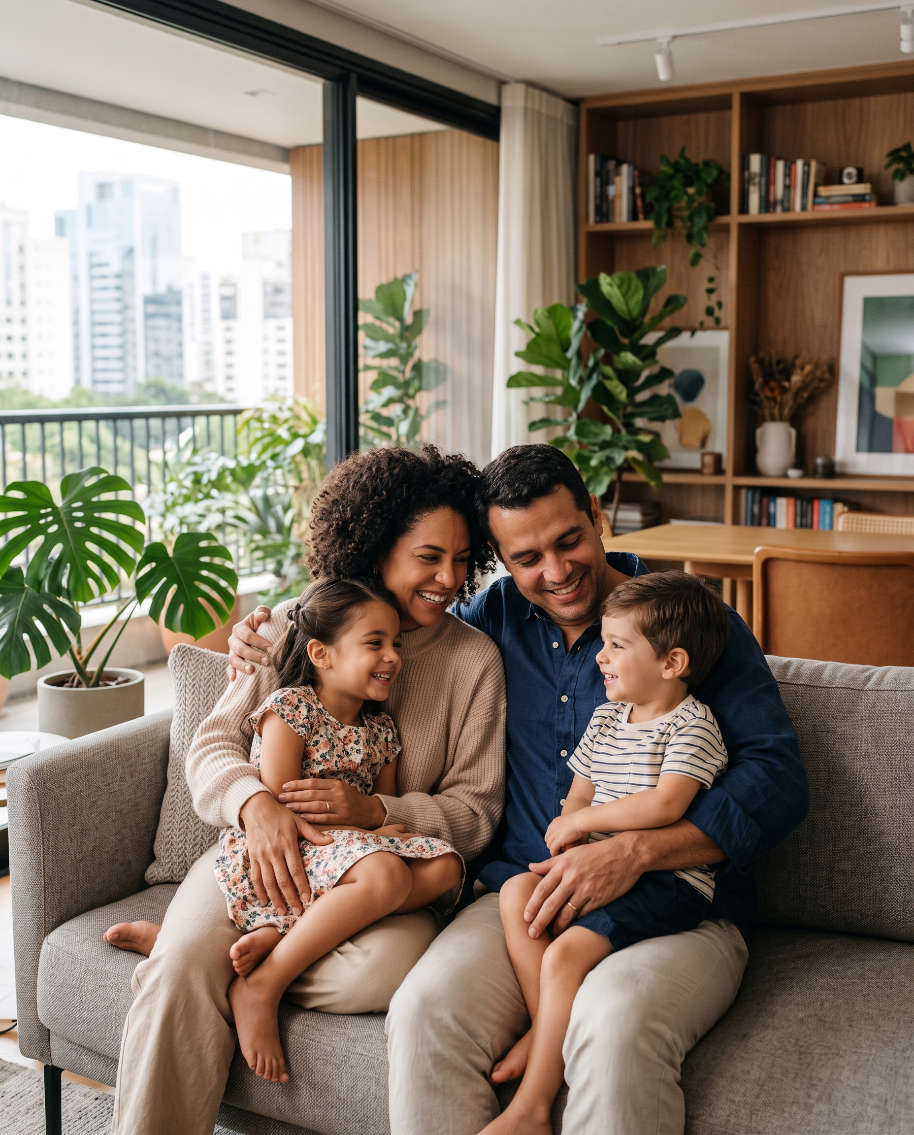 Casal em ambiente residencial contemporâneo, representando proteção e tranquilidade