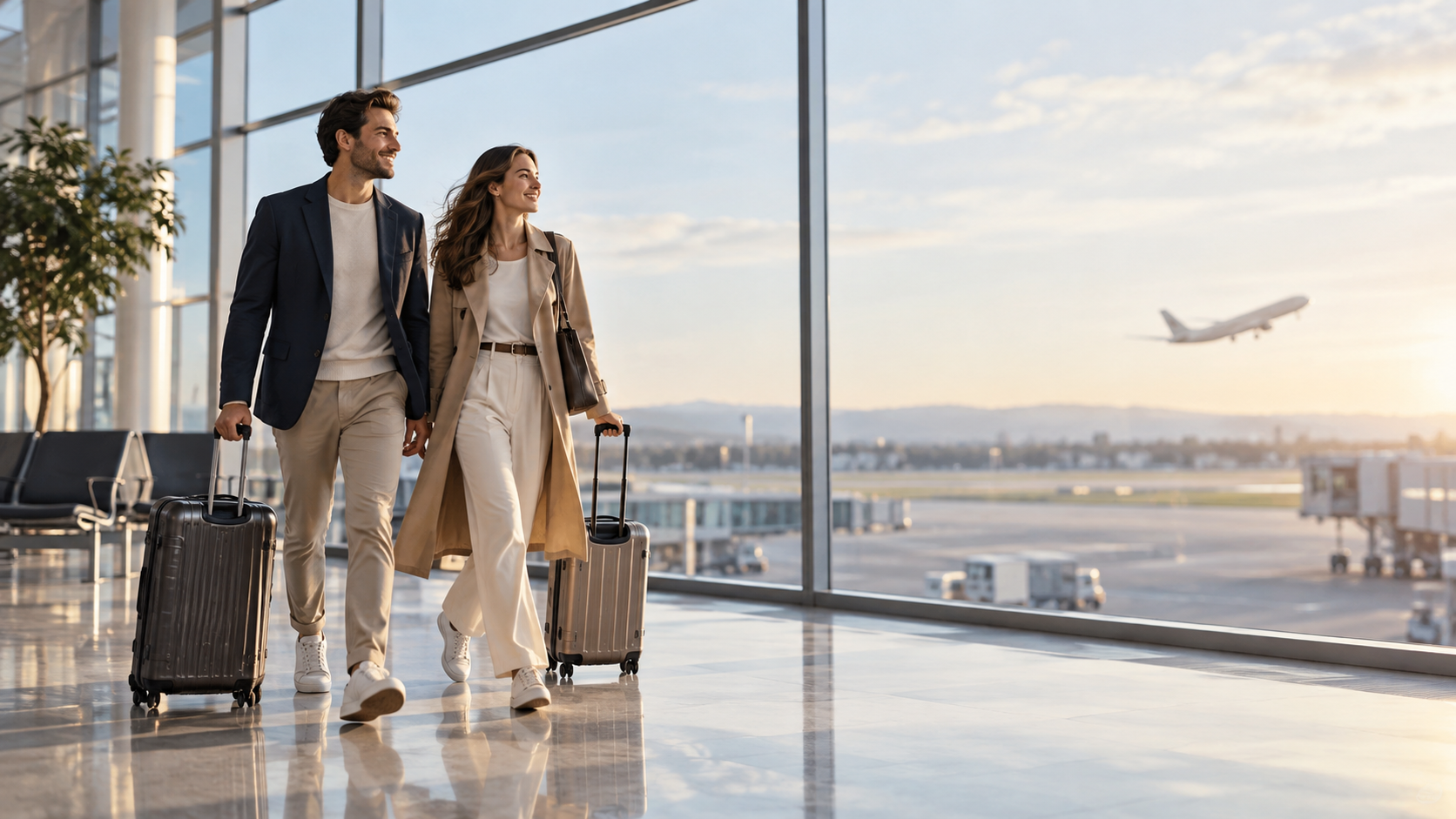 Viajantes em aeroporto com malas, representando seguro viagem