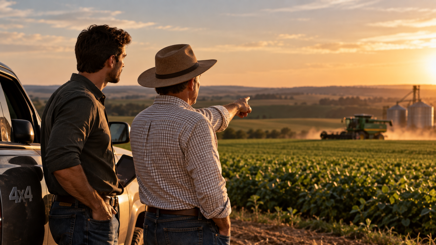 Produtores e maquinário em propriedade rural, representando seguro rural