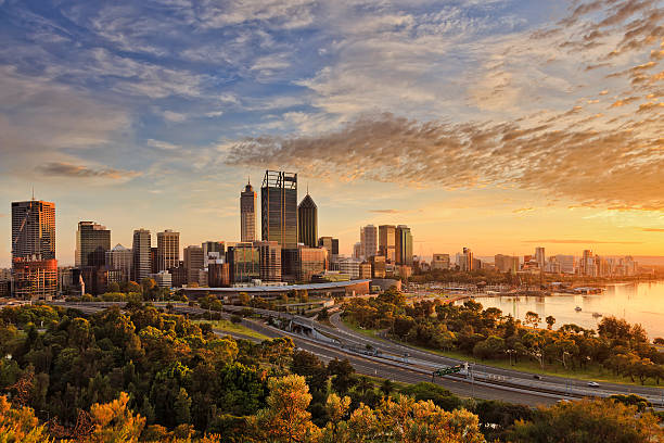 The Perth city skyline at sunrise, seen from Kings Park