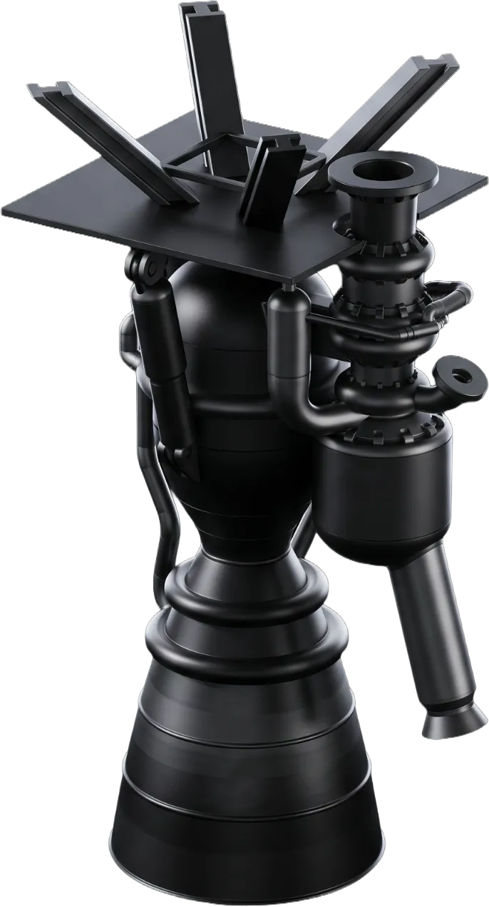 Amoghā 100 kN liquid rocket engine, three-quarter view