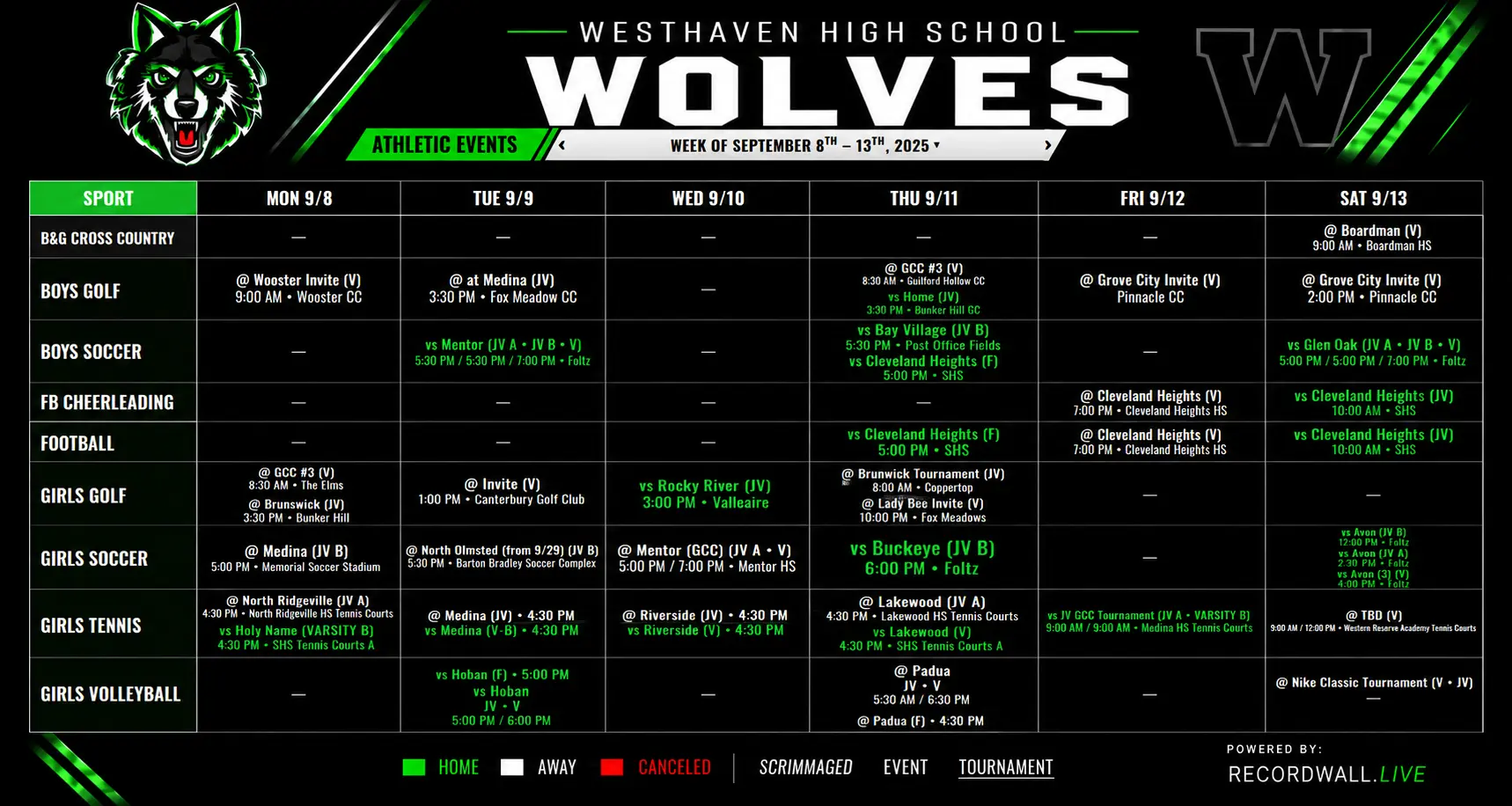 Westhaven Wolves weekly athletics calendar