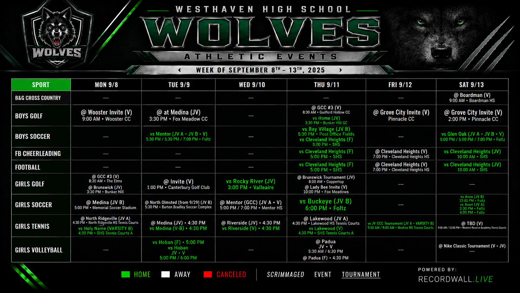 Weekly athletic calendar board
