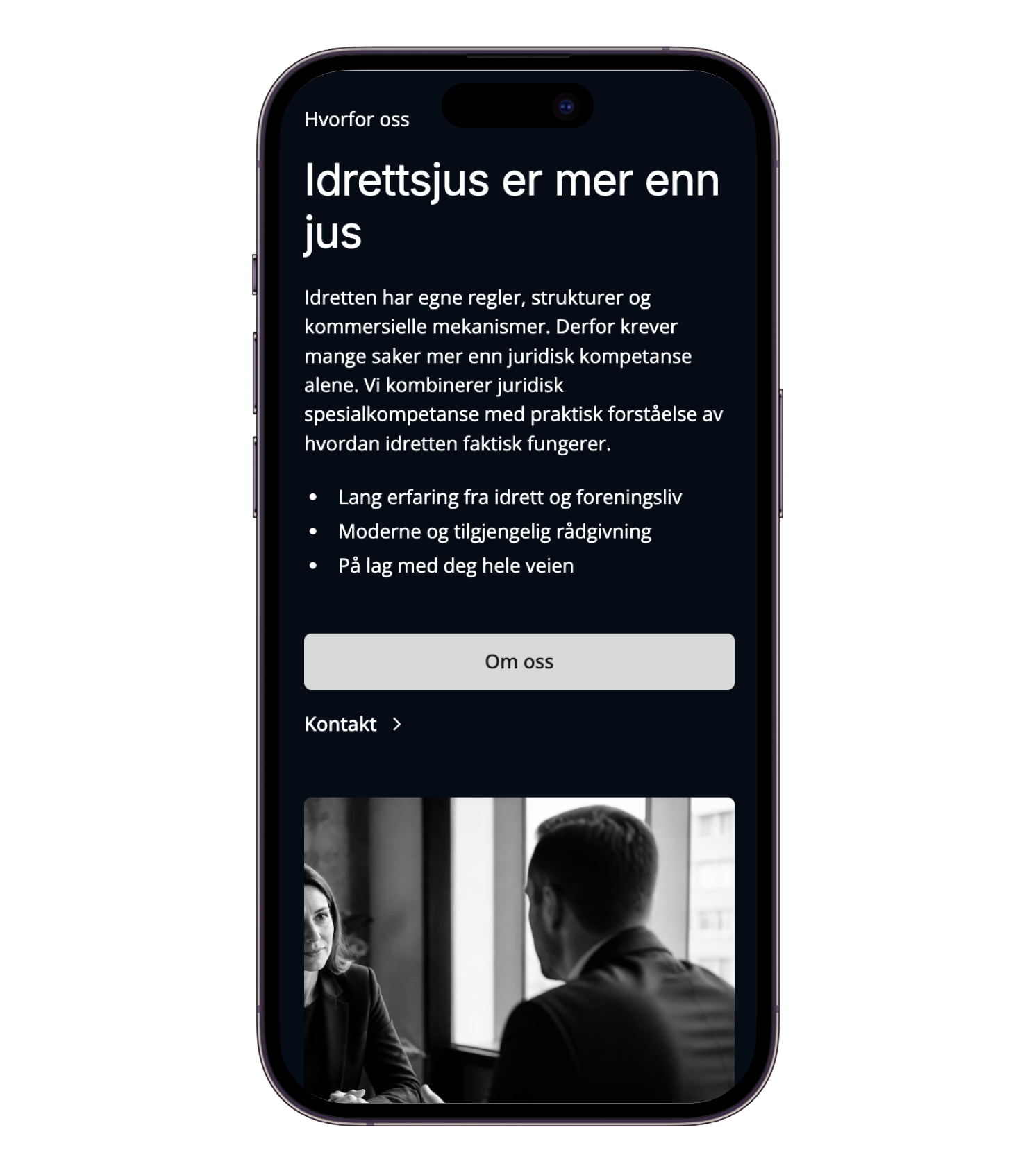 Moderne nettside for advokatfirma vist på mobil
