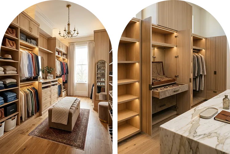 Arched views of a custom walk-in closet with lit oak shelving