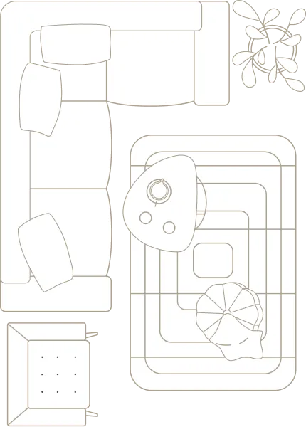 Illustrated floor plan of a furnished living space