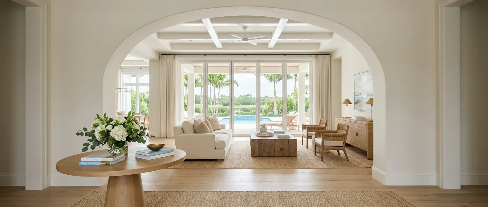 Arched entry opening onto a great room with an ivory sofa and folding glass doors to a pool and palms, with a round oak table of white hydrangeas in the foreground.