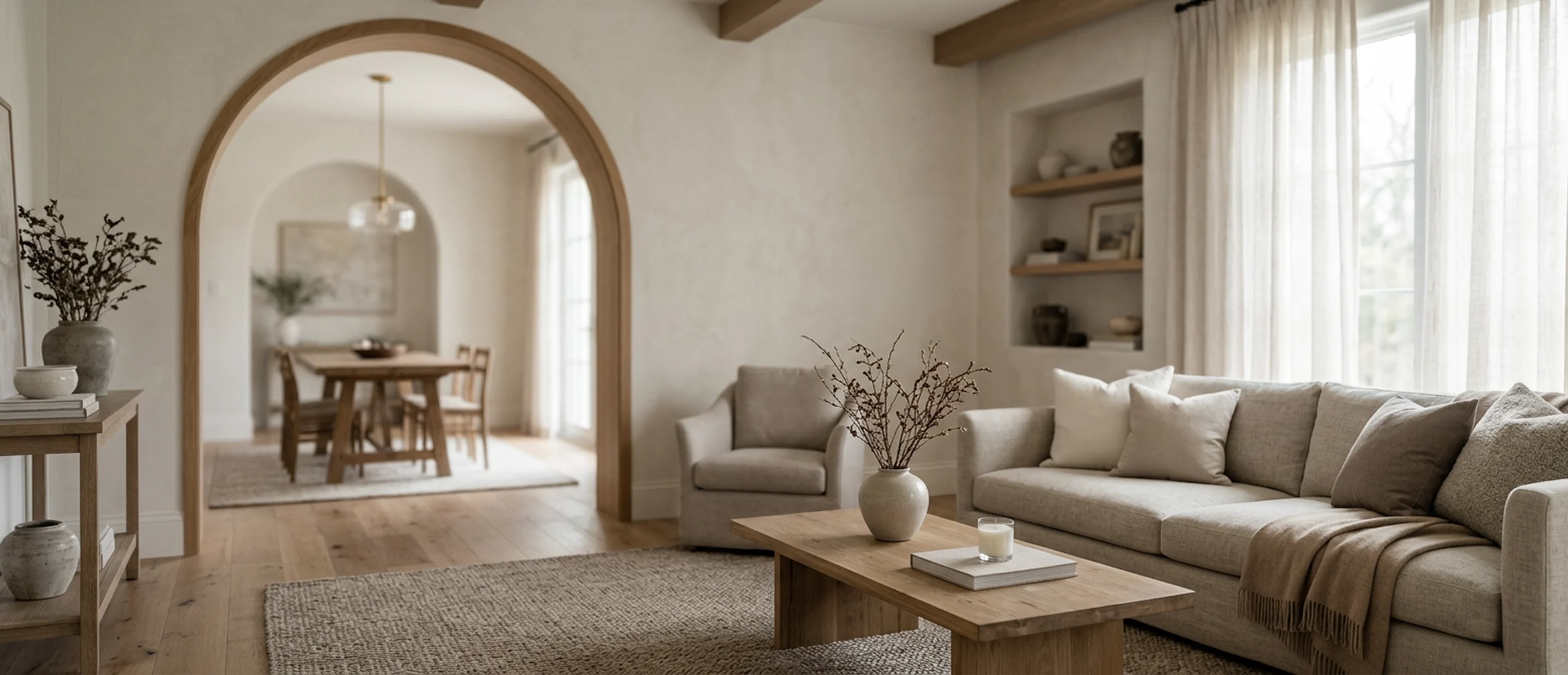 Bright neutral living room with an arched doorway and sheer curtains