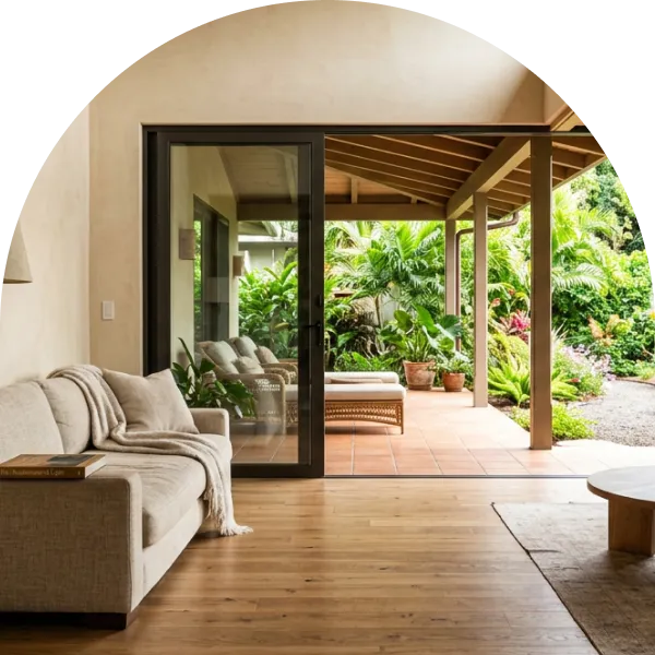 Living room with a light beige sofa facing sliding glass doors that open to a covered patio and tropical garden