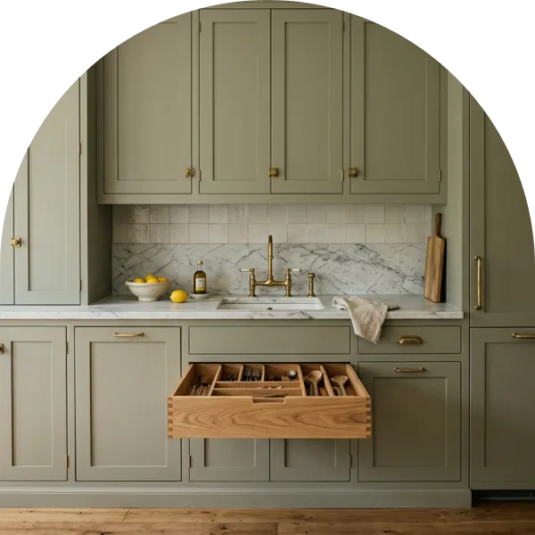 Sage green kitchen cabinetry with brass hardware, a marble countertop and an open drawer of organized cutlery