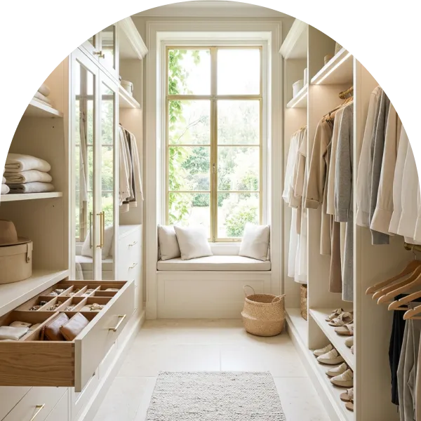 Walk in closet with light wood shelving, neatly hung neutral clothing and a cushioned window seat
