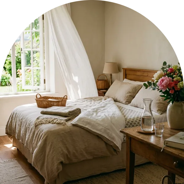 Bedroom with a wooden bed in soft beige linens, white curtains at an open window and fresh flowers on the side table