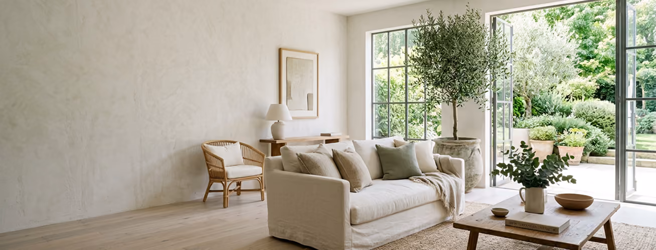 Bright living room with a cream sofa and oversized black-framed windows opening to a leafy garden