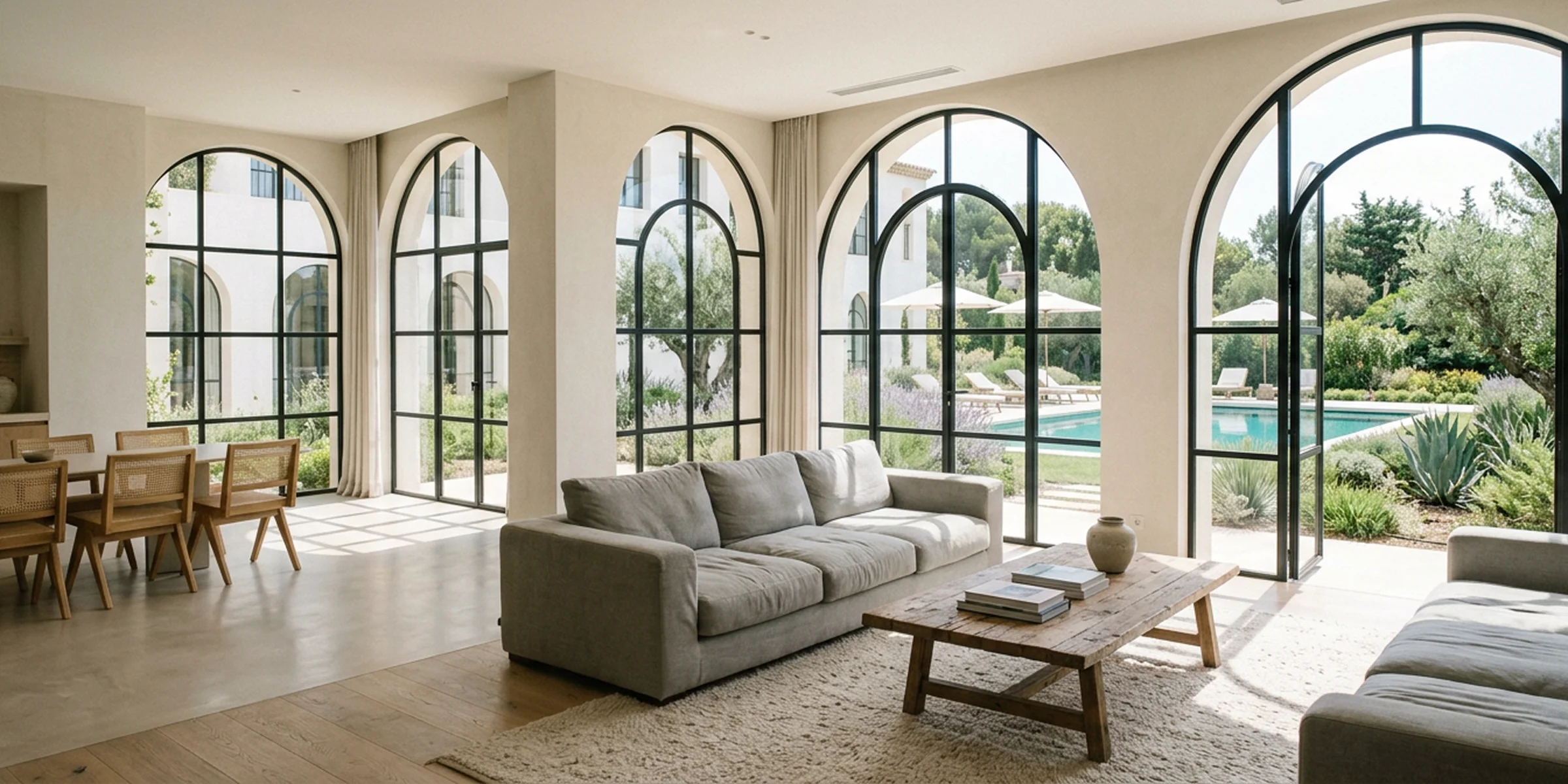 Open living and dining space with tall arched black-framed windows overlooking a pool