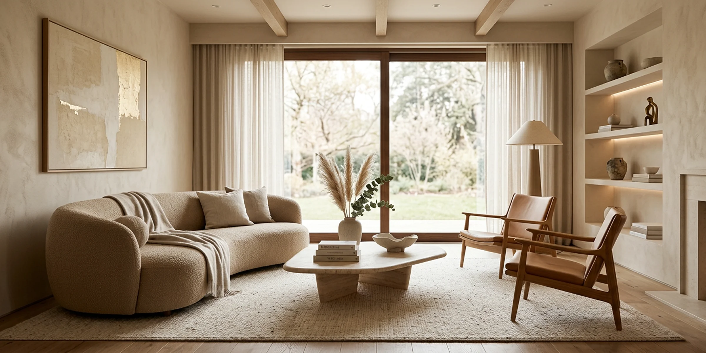 Hillside villa living room with a curved bouclé sofa, sculptural lounge chairs and floor-to-ceiling garden views