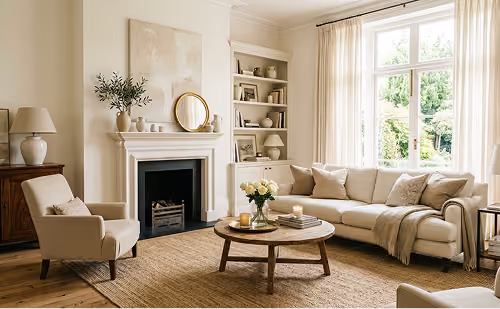 Warm living room with a cream sofa facing a white fireplace, built-in shelves and a round wood coffee table