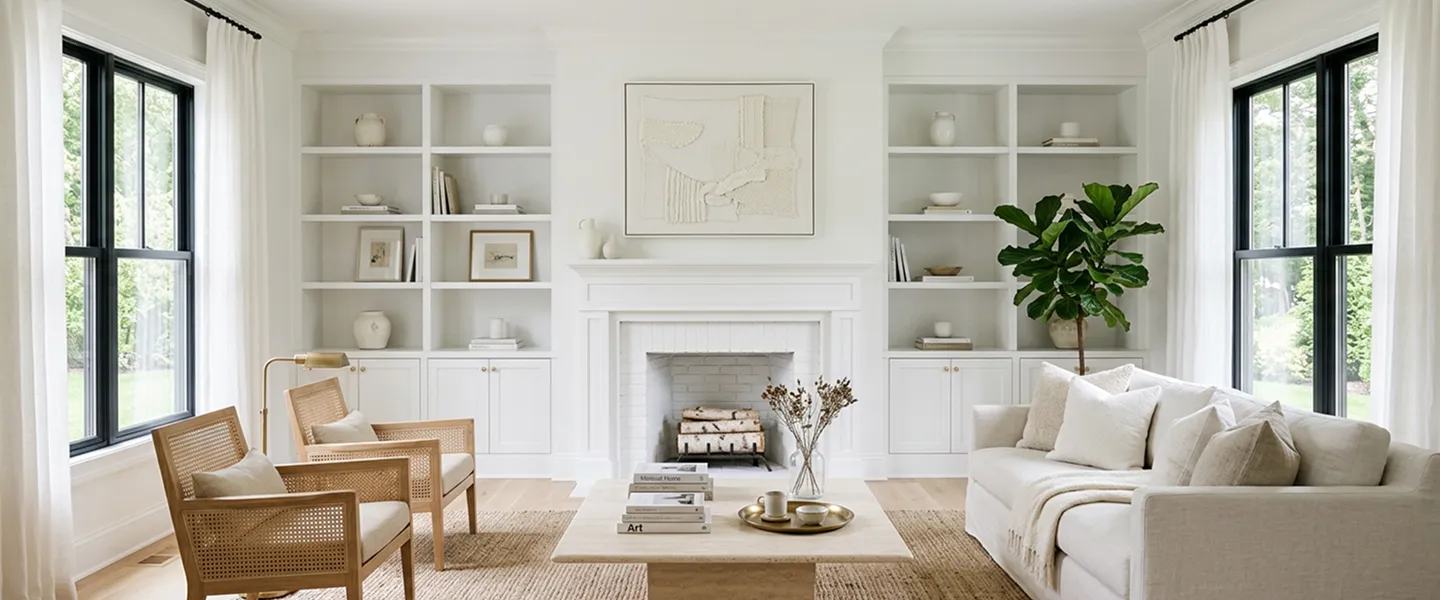 White living room with a fireplace flanked by built-in shelving, black-framed windows and a cream sofa
