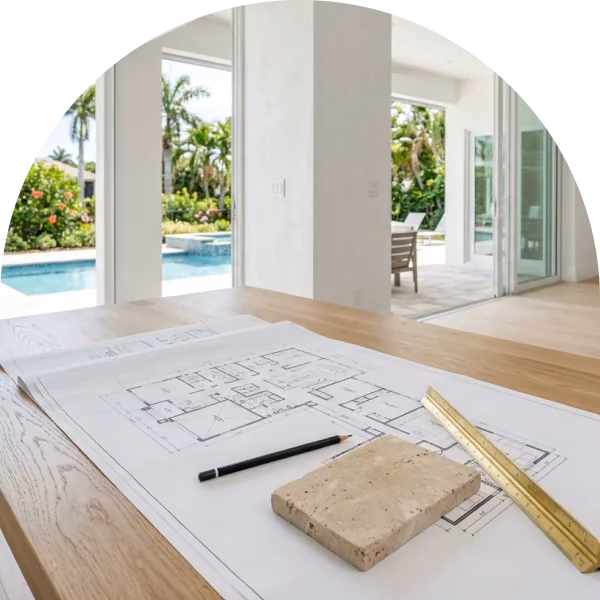 Floor plans and a stone sample on an oak worktable in a bright Florida room under renovation.