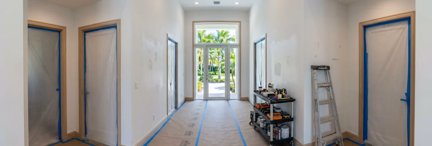 Hallway mid-renovation with protected floors and neatly sealed doorways in a Florida home.