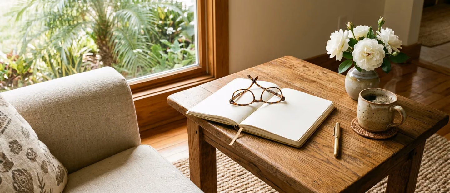 Open notebook, reading glasses and coffee on an oak side table in morning light.