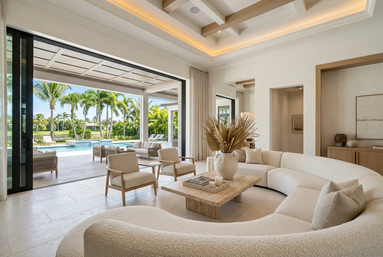 Light-filled great room with a curved ivory sofa and travertine table, opening through glass walls to a pool and palms