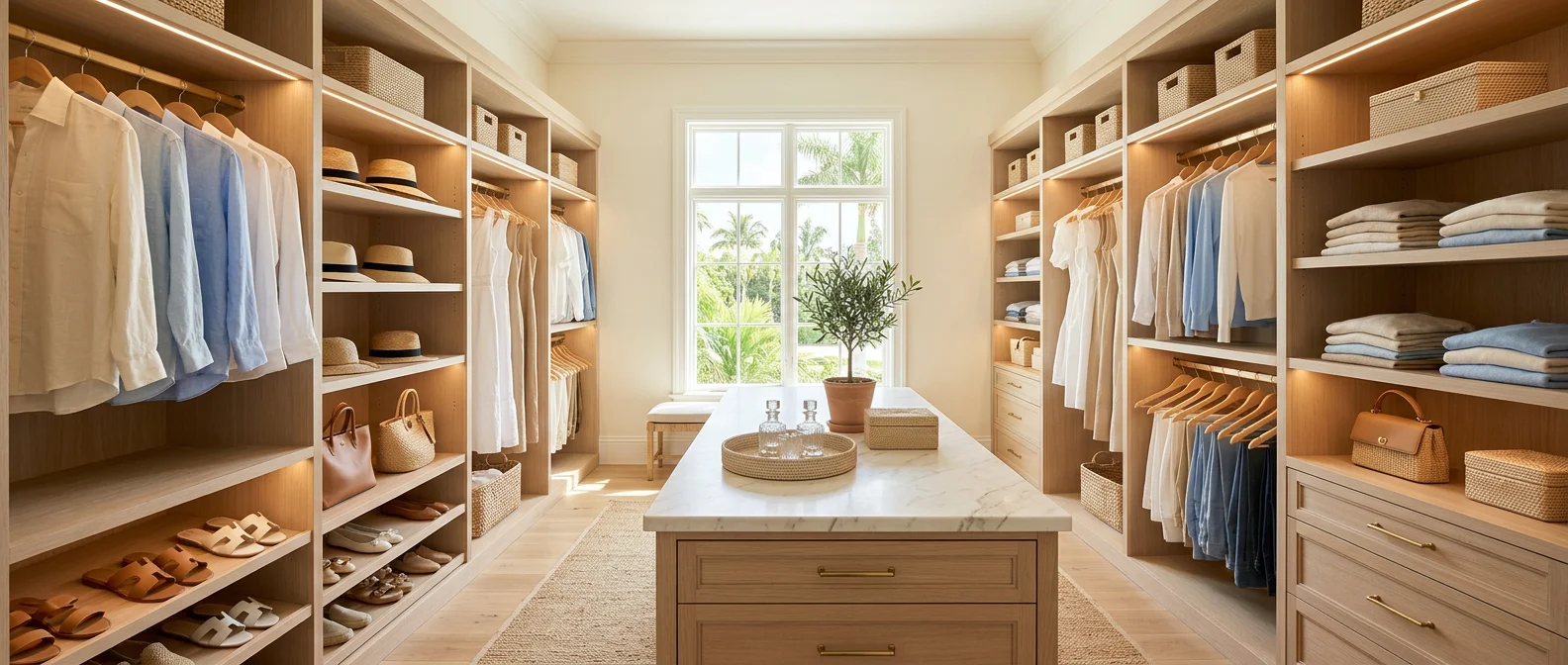 White oak dressing room with a stone-topped island, resort wear neatly hung and folded, and garden windows
