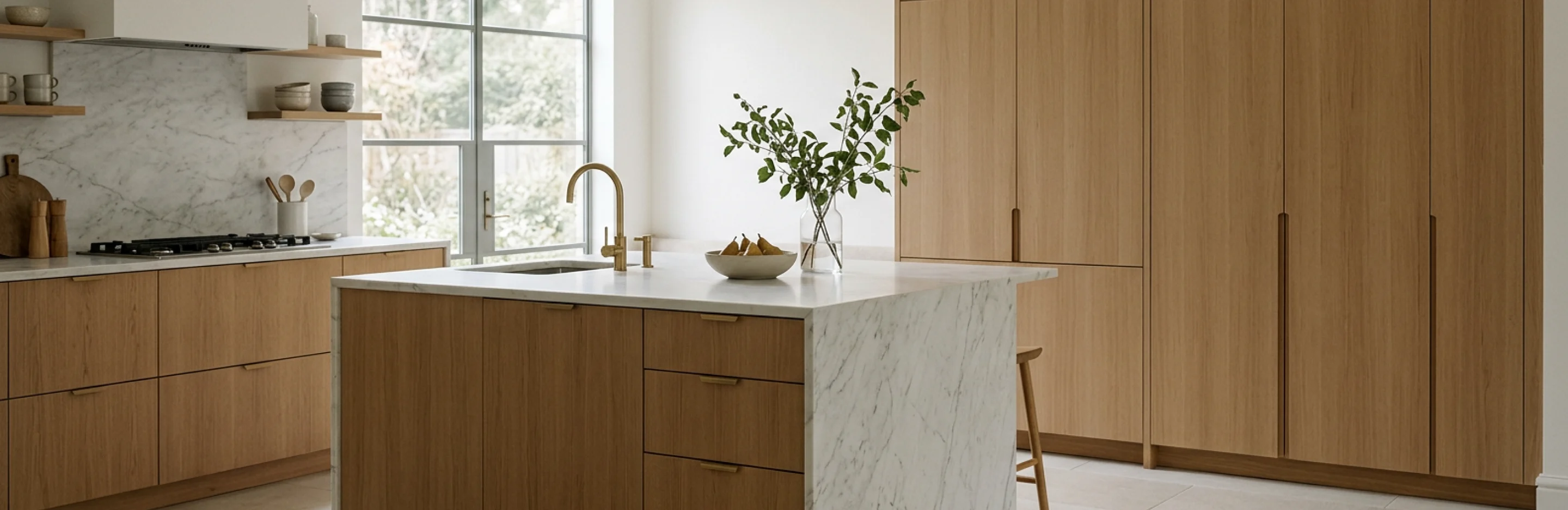 Light-filled kitchen with white oak cabinetry and a marble waterfall island