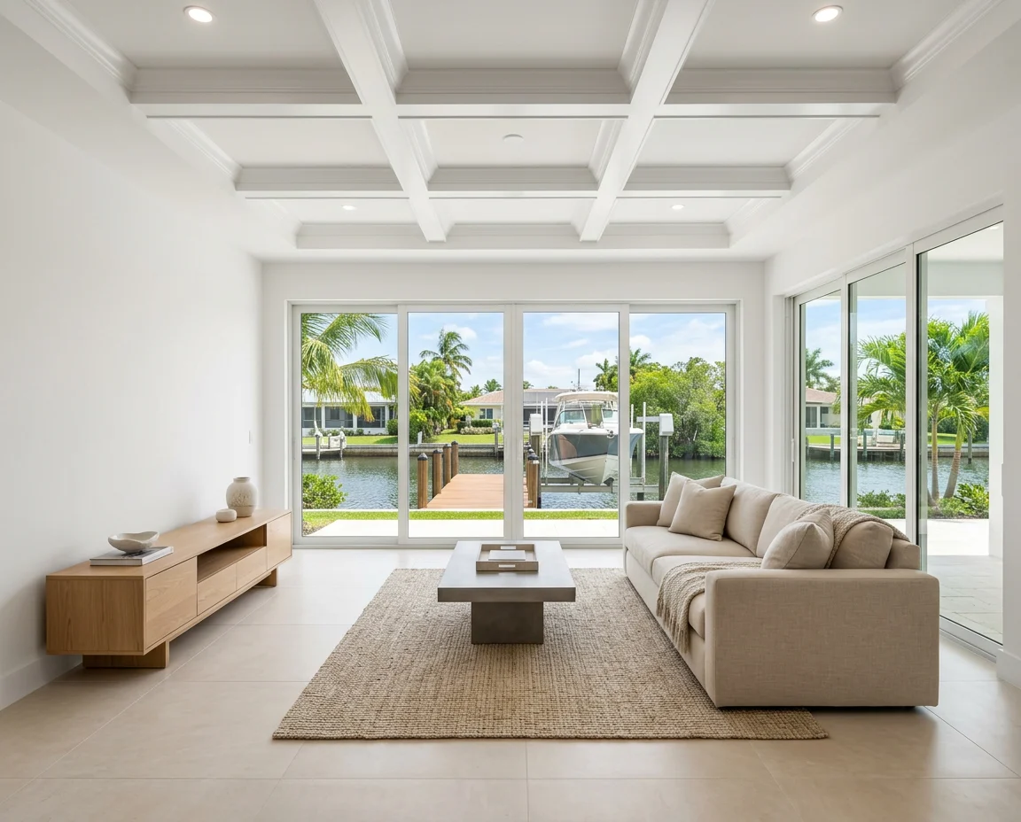 Renovated living room with a white coffered ceiling and sliding glass doors onto a canal, dock and palms