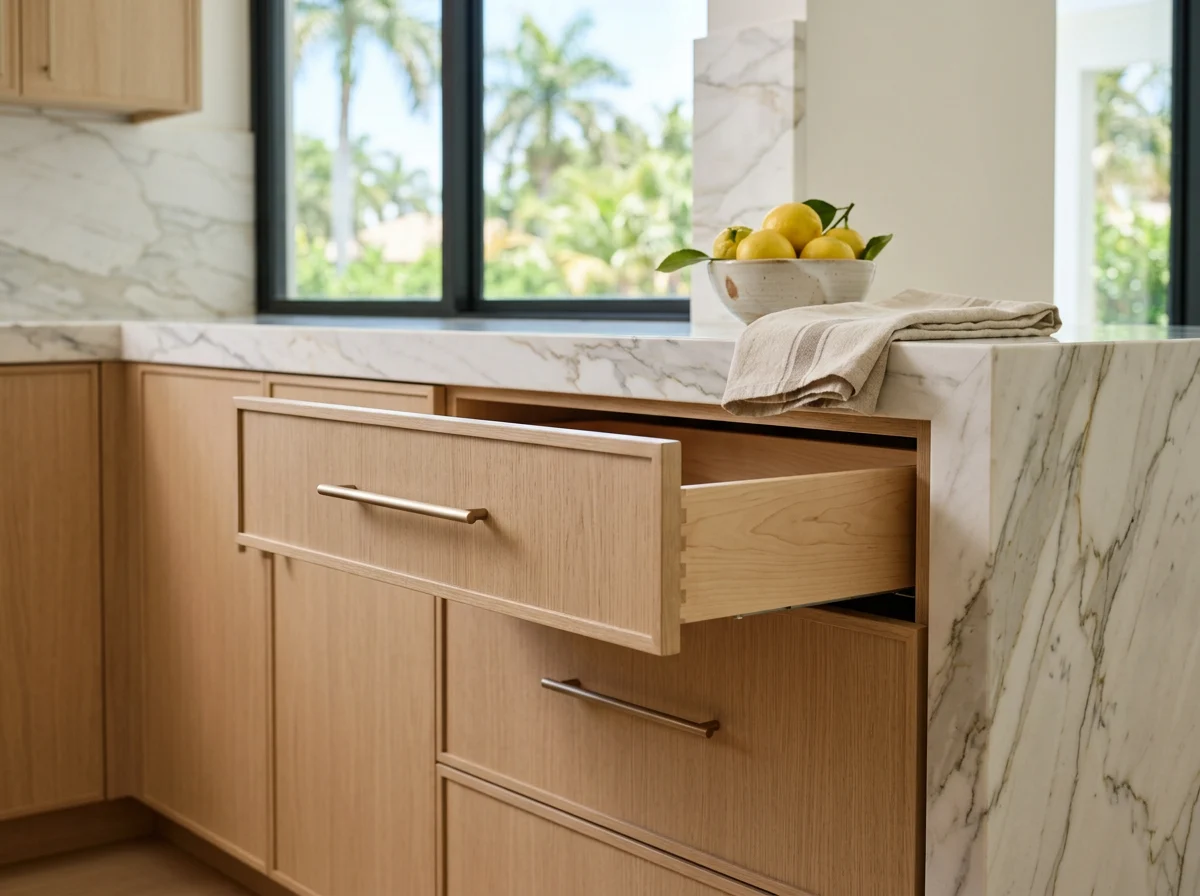 Custom white oak cabinetry with a drawer open, brushed bronze pulls and a marble waterfall counter