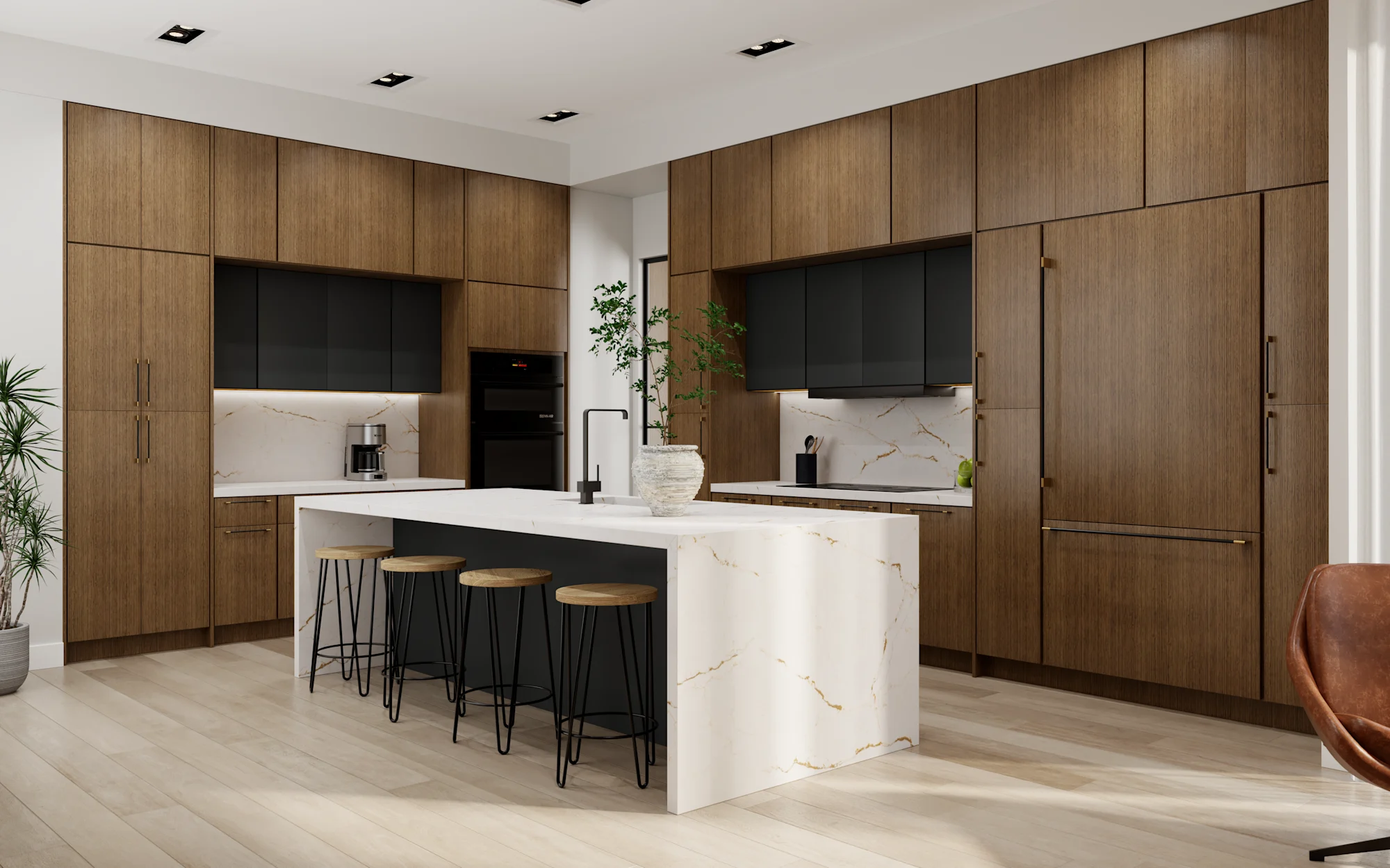 Kitchen with warm oak cabinetry and a marble-look island