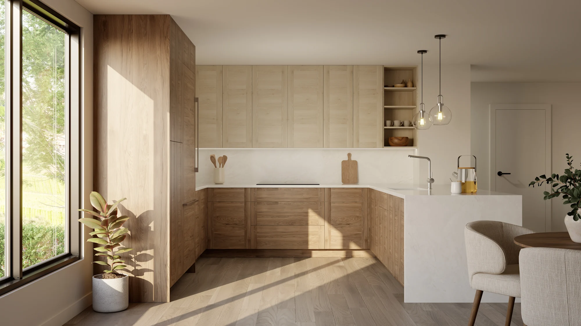 Kitchen with light oak cabinetry and white countertops