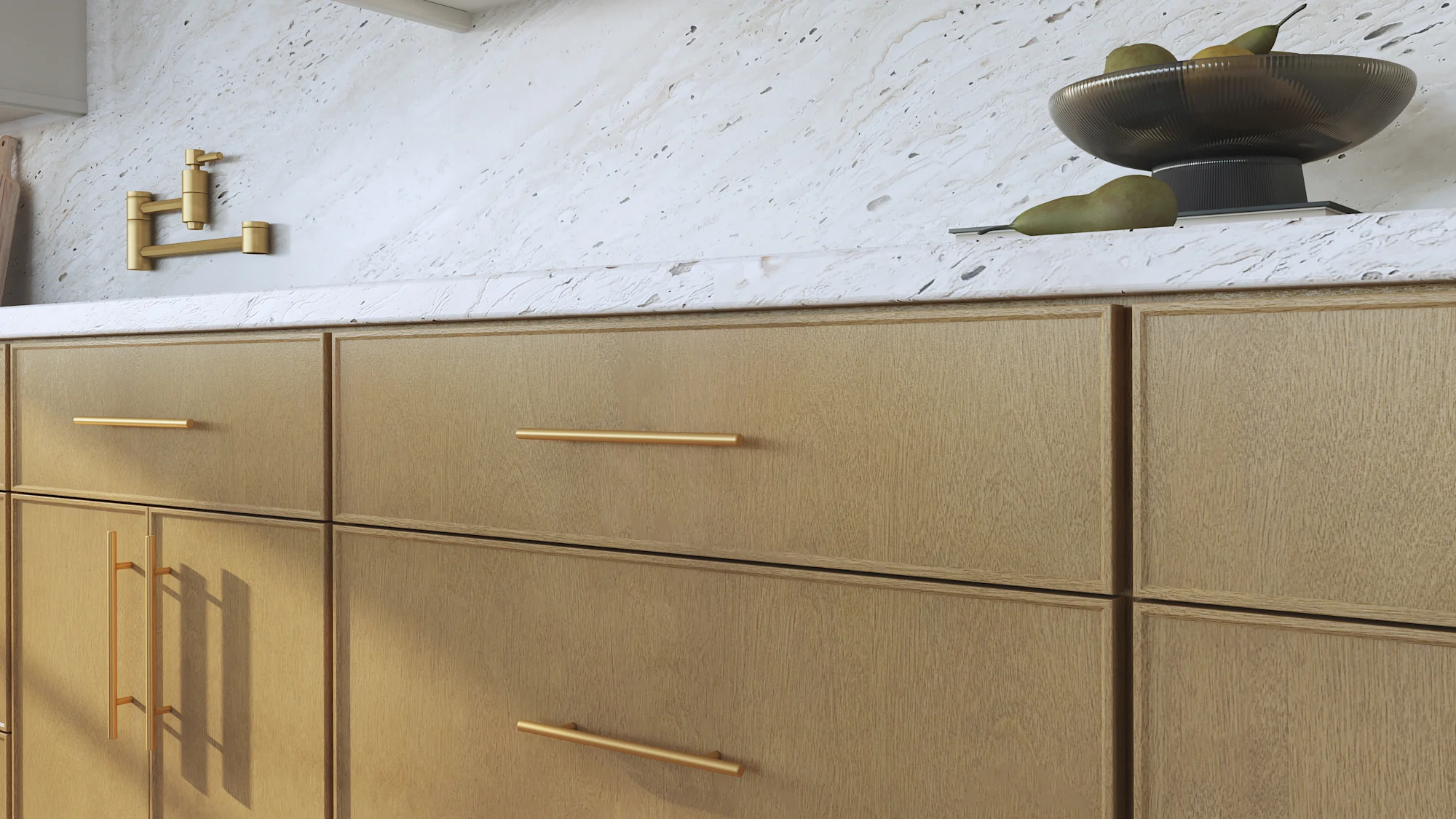 Kitchen with soft grey wood-grain cabinetry