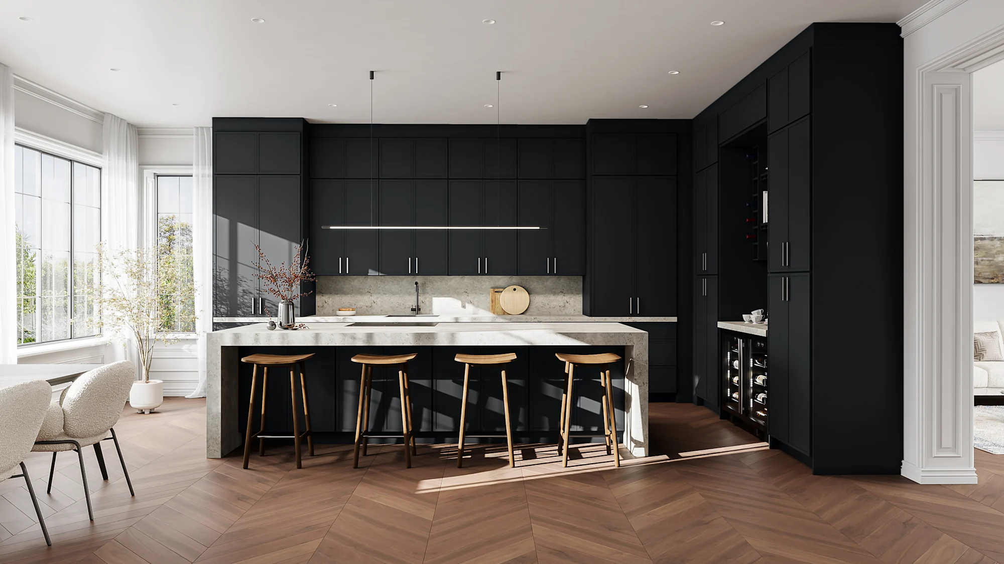 Kitchen with black slab-door cabinetry
