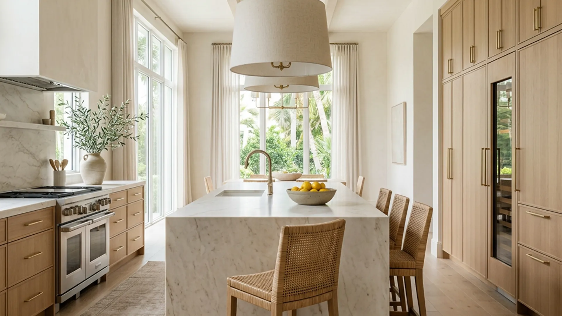 Light-filled kitchen with warm wood cabinetry, a marble island and woven pendant light