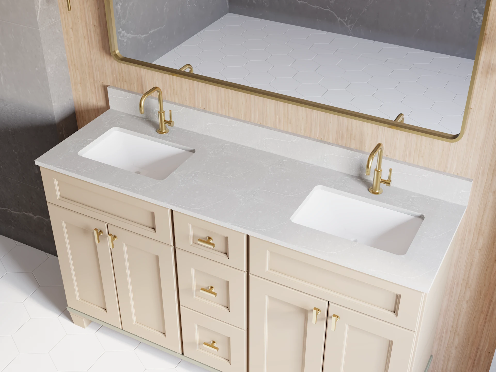Light oak double bath vanity with white stone top and brass faucets