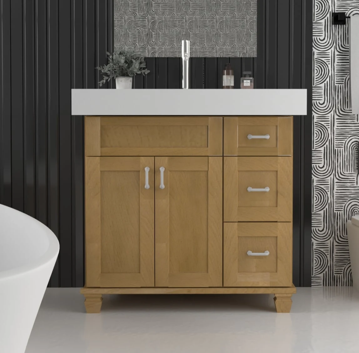 Natural oak bath vanity with a white top against dark patterned tile