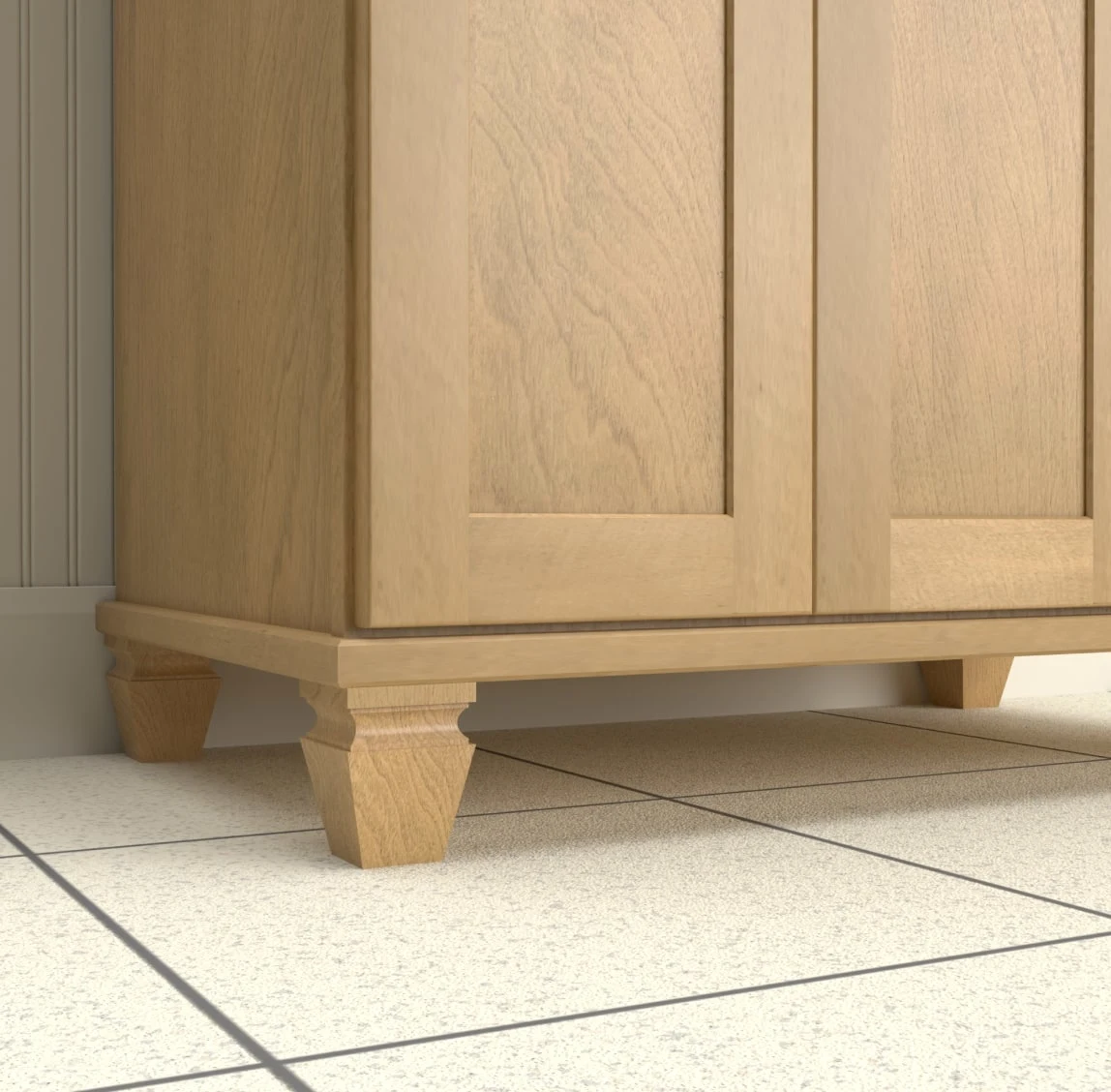Close view of a natural oak vanity base on tapered feet