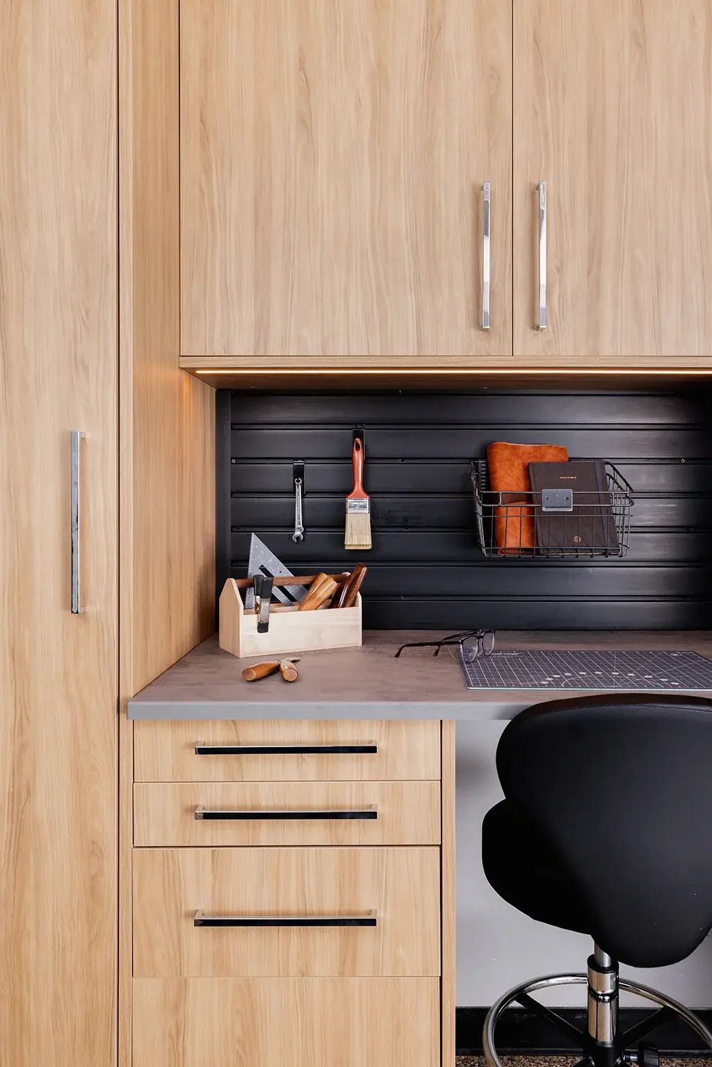 Oak workbench with slatwall tool storage