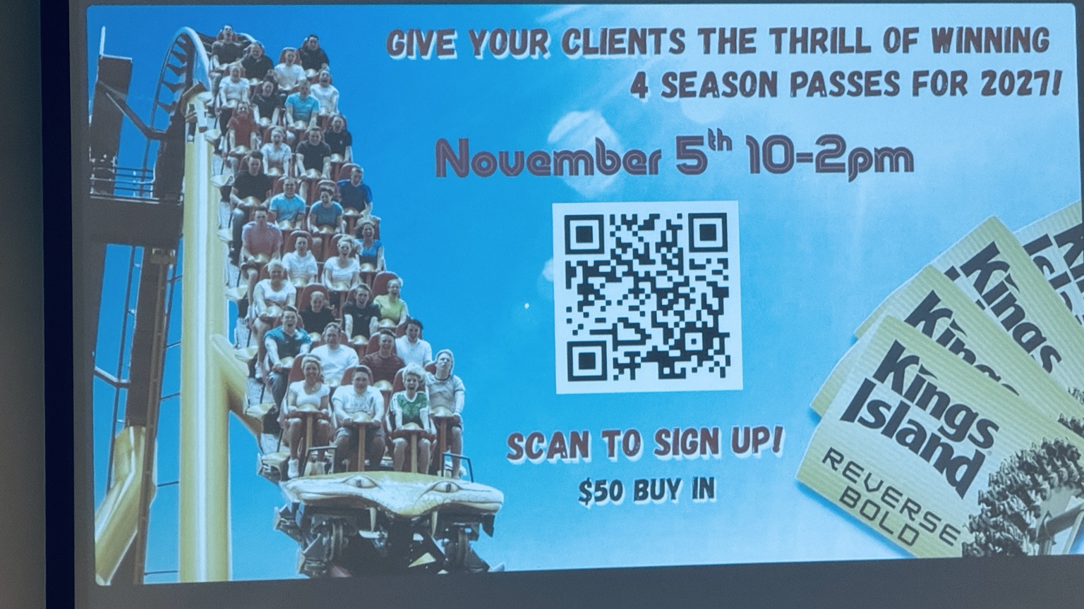 Kings Island client giveaway flyer for real estate agents offering four 2027 season passes