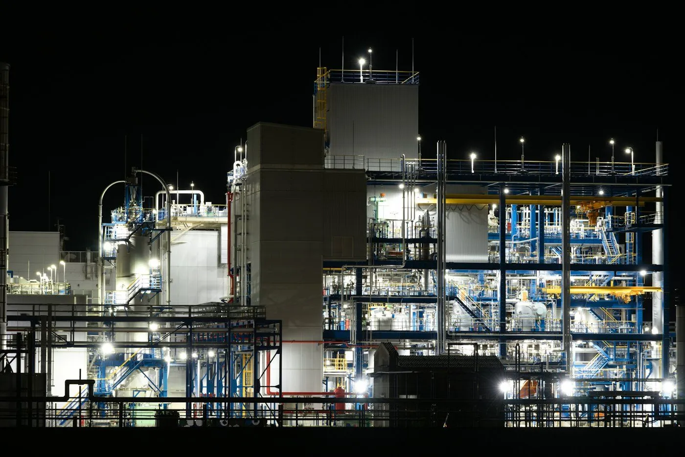 Chemical plant lit up at night