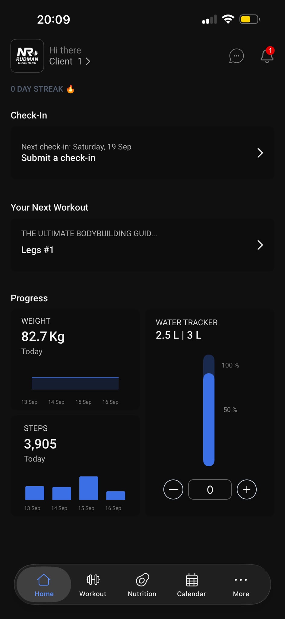 Rudman Coaching app home screen with the daily check-in, next workout and body-weight trend