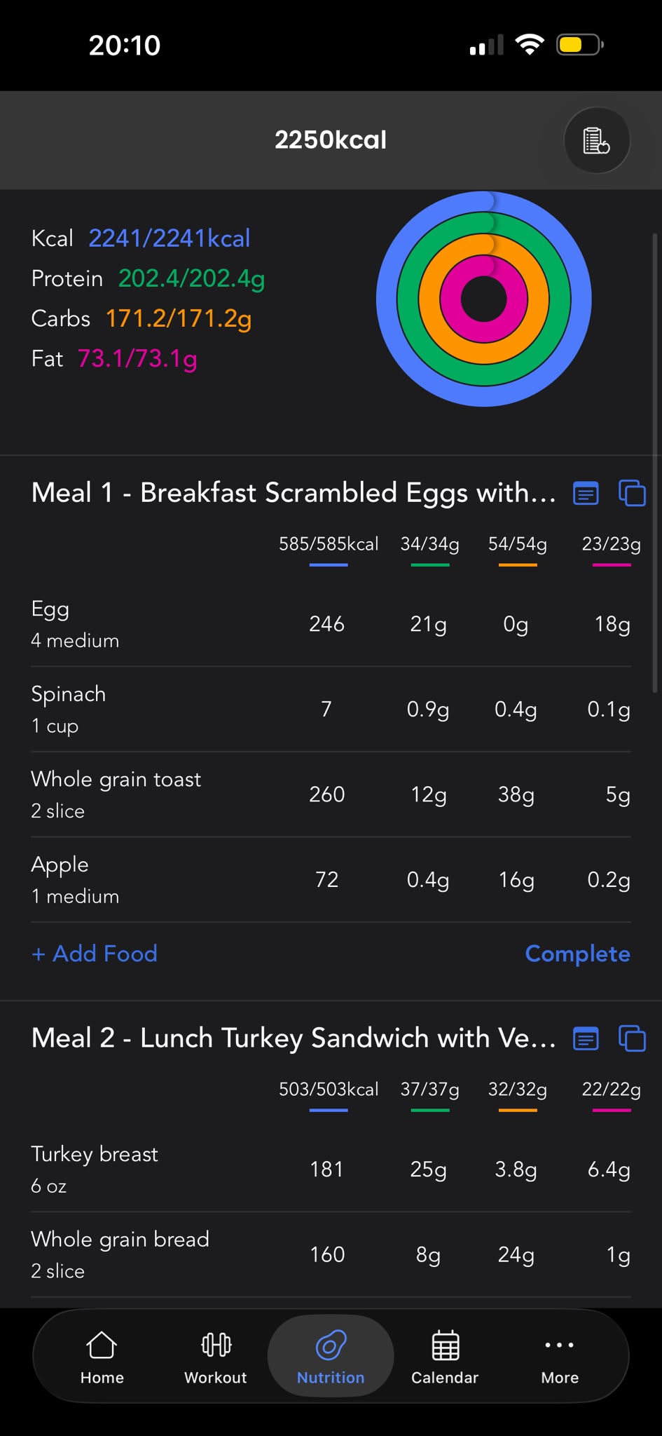Rudman Coaching app nutrition screen showing daily calorie and protein targets