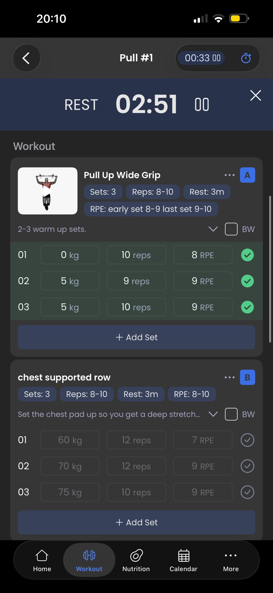 Rudman Coaching app logging sets and rest time mid-session