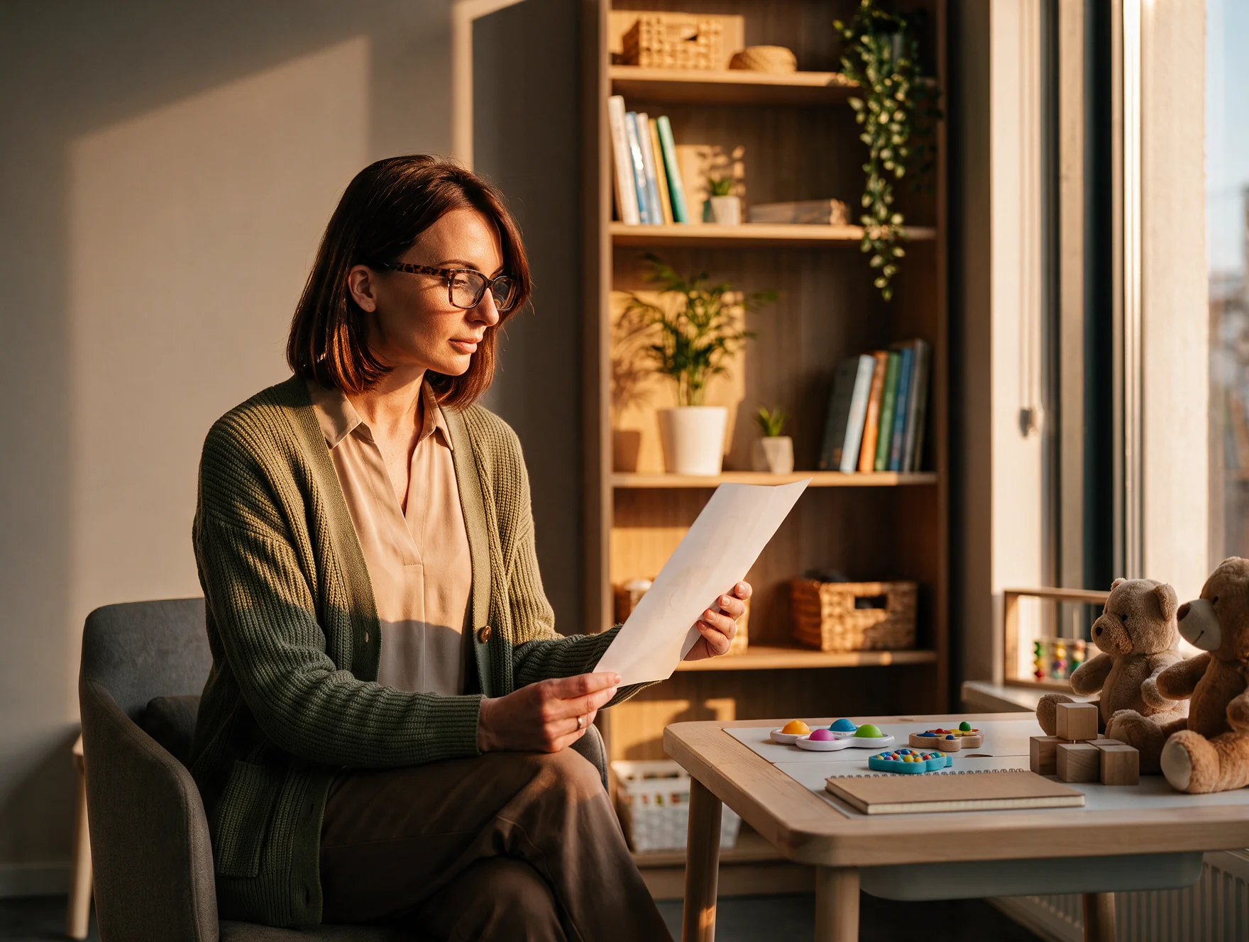 Clinician reviewing a document in a sunlit ABA therapy room
