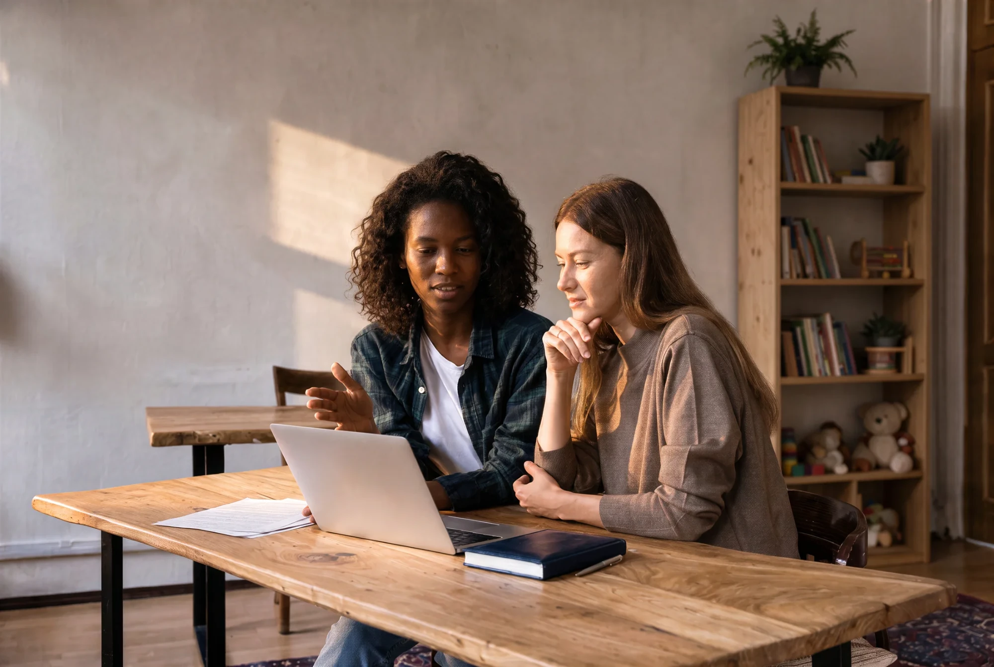 Two colleagues reviewing documents together on a laptop