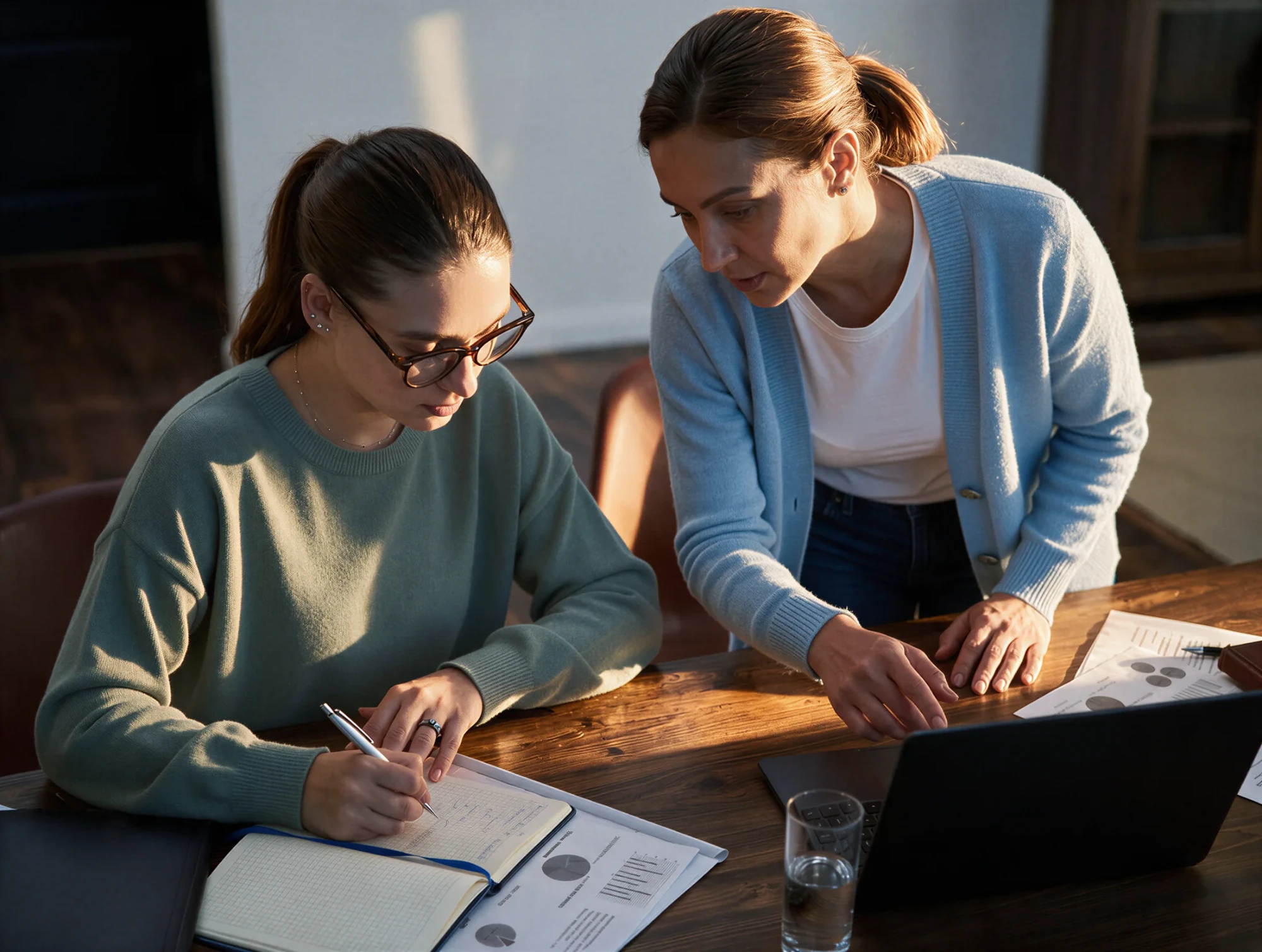 Two colleagues analyzing financial charts and notes at a desk