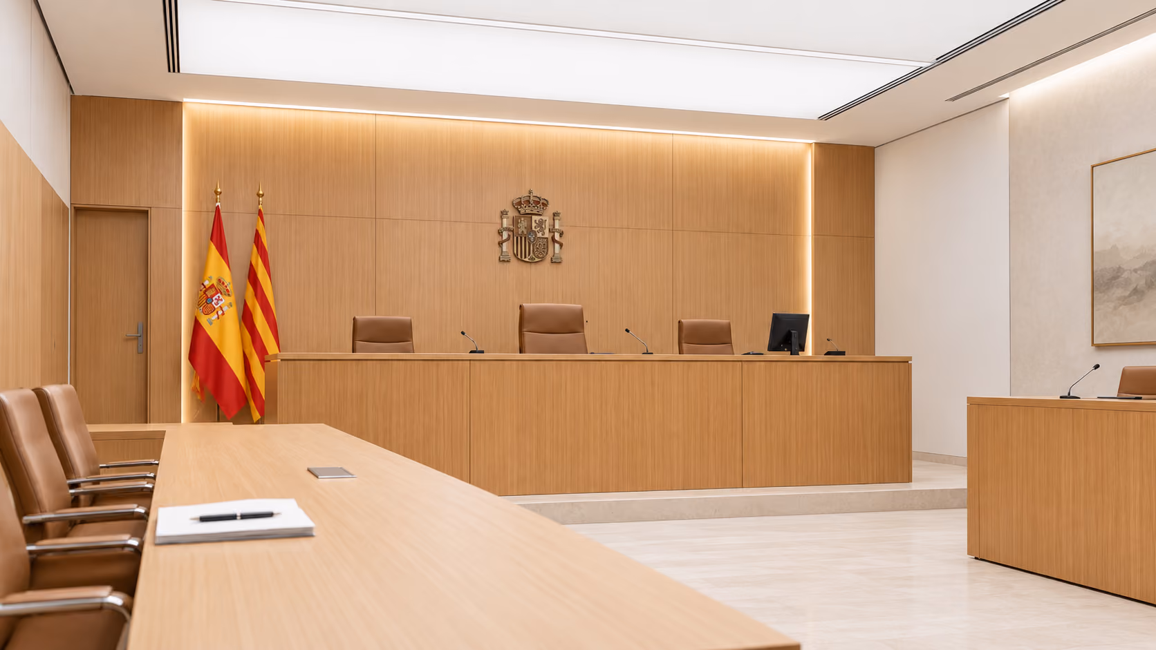 Sala de vistas de un juzgado con estrado y banderas